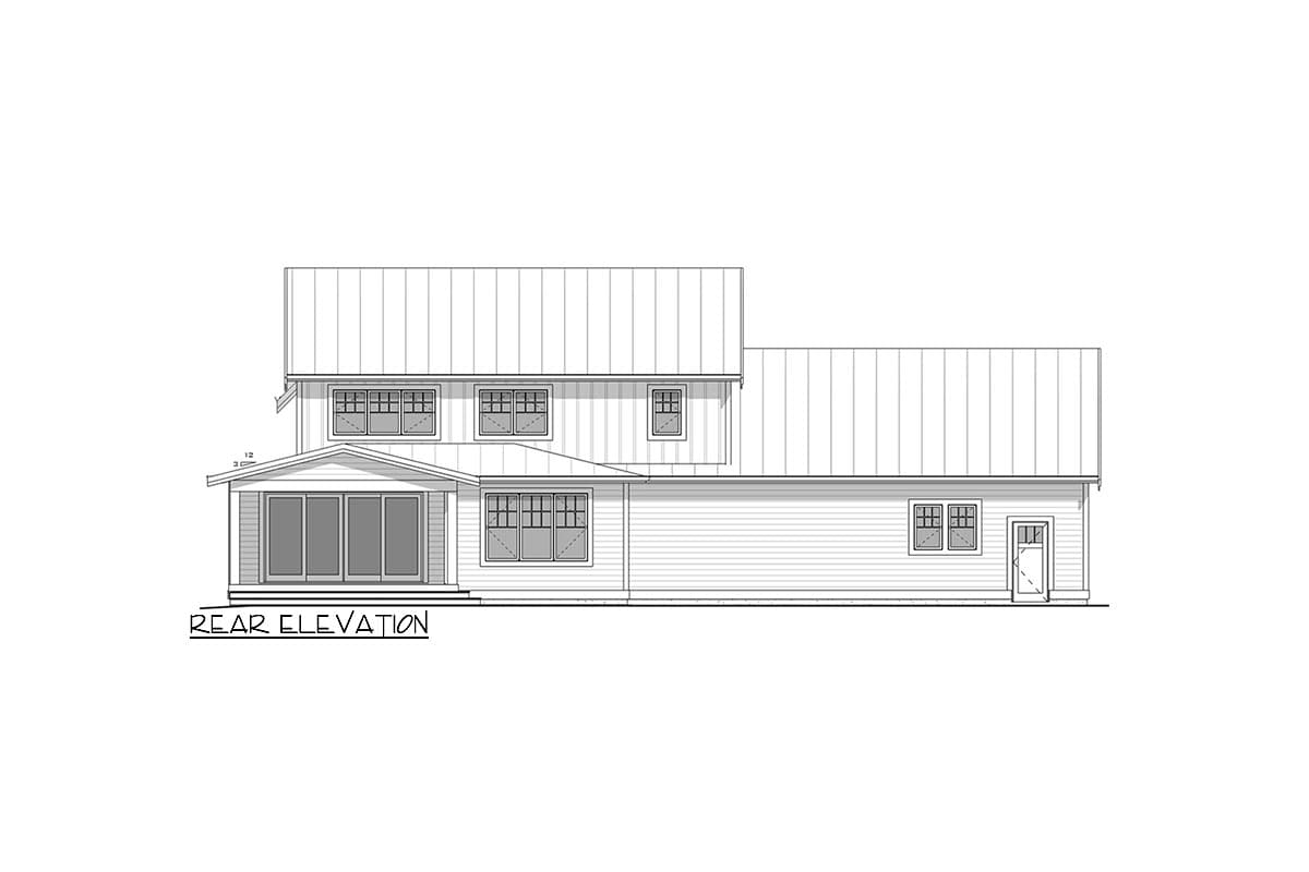 Rear elevation house plan drawing showing a two-story home with a metal roof, sliding glass doors, and multiple windows.