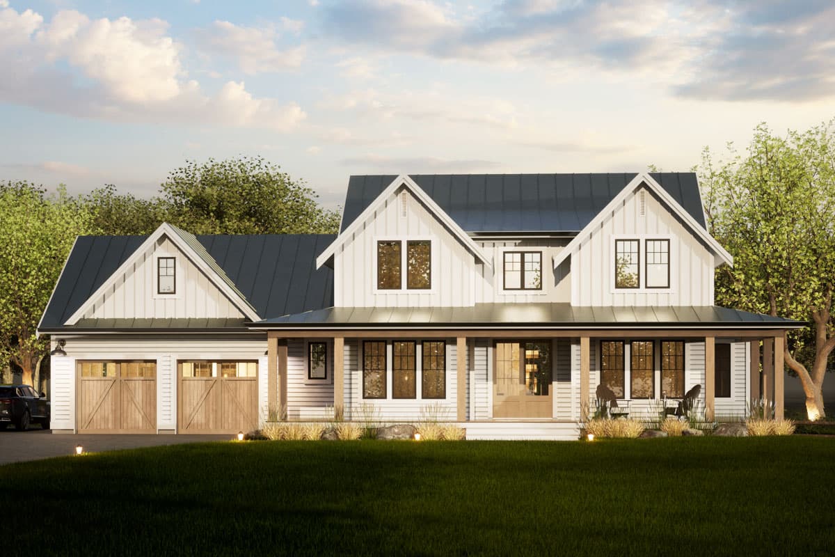 House plan exterior: Two-story Modern Farmhouse with gabled roof, covered porch, and attached garage. Includes dormers and a symmetrical facade.