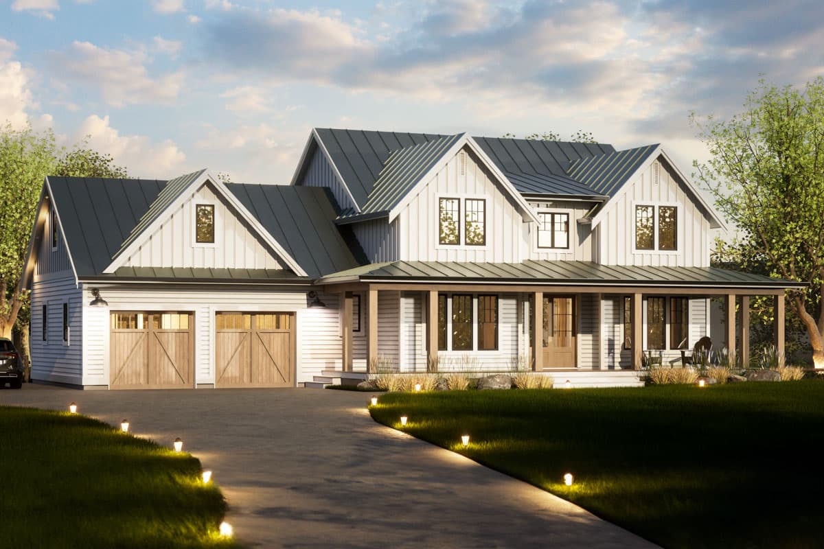 Modern Farmhouse house plan exterior with a wraparound porch, dual garage doors, and multiple gables.