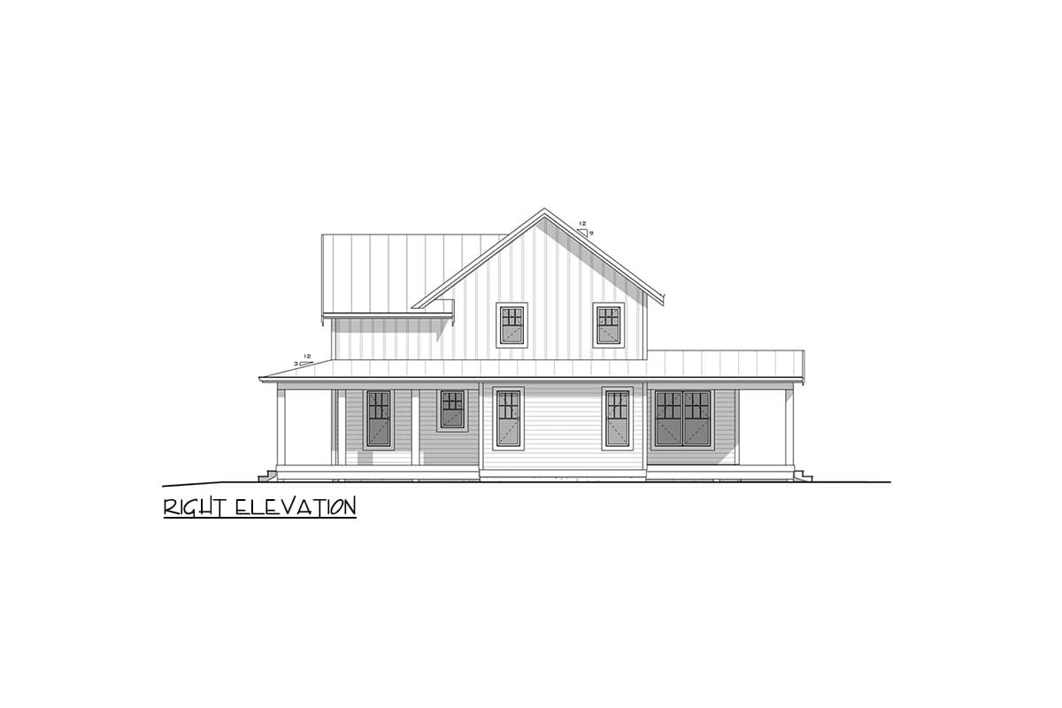 Right elevation house plan, two-story Modern Farmhouse with a wraparound porch, board and batten siding, and a metal roof.