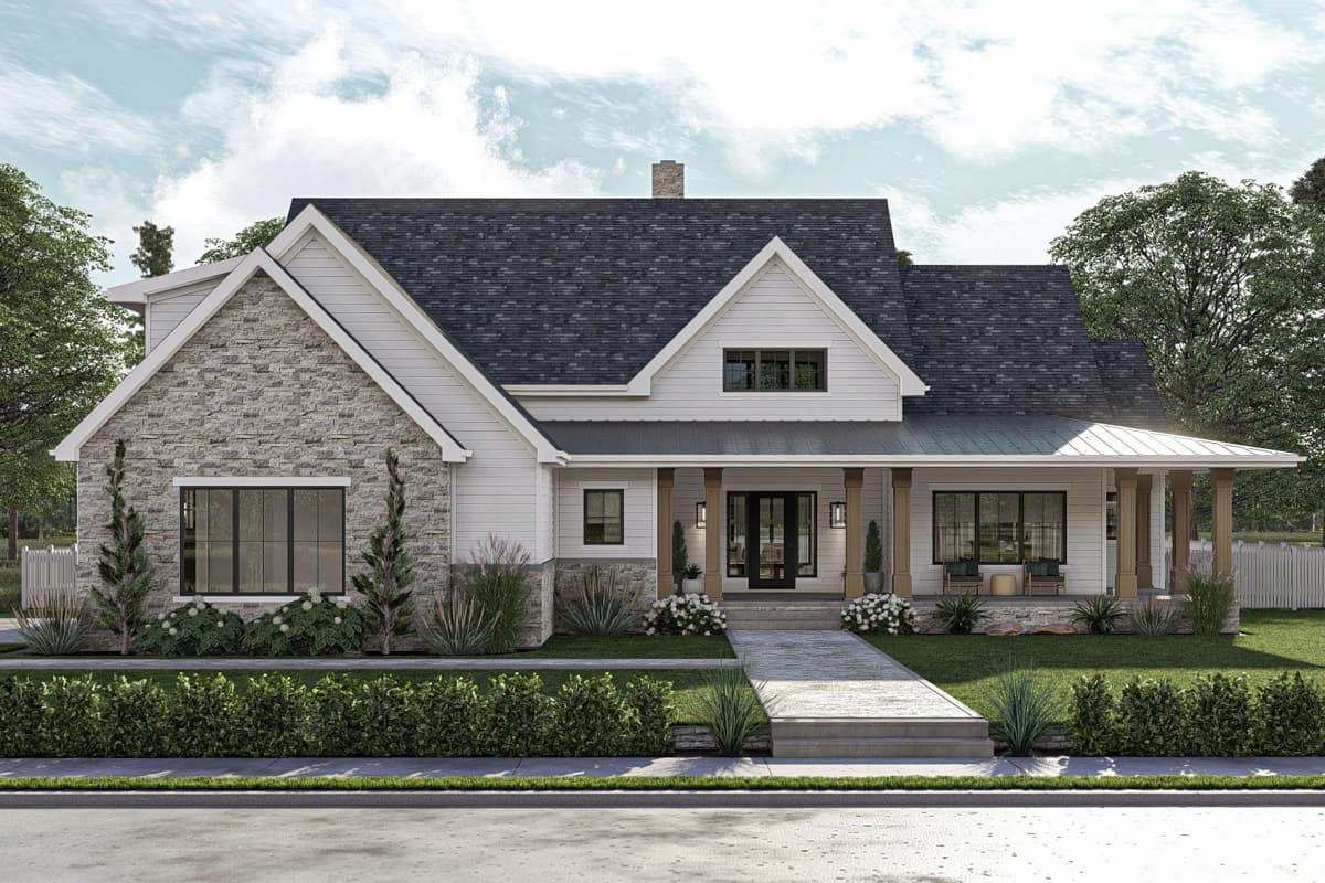 House plan exterior. Two-story Modern Farmhouse with stone facade, gabled roof, and covered porch with wooden columns.