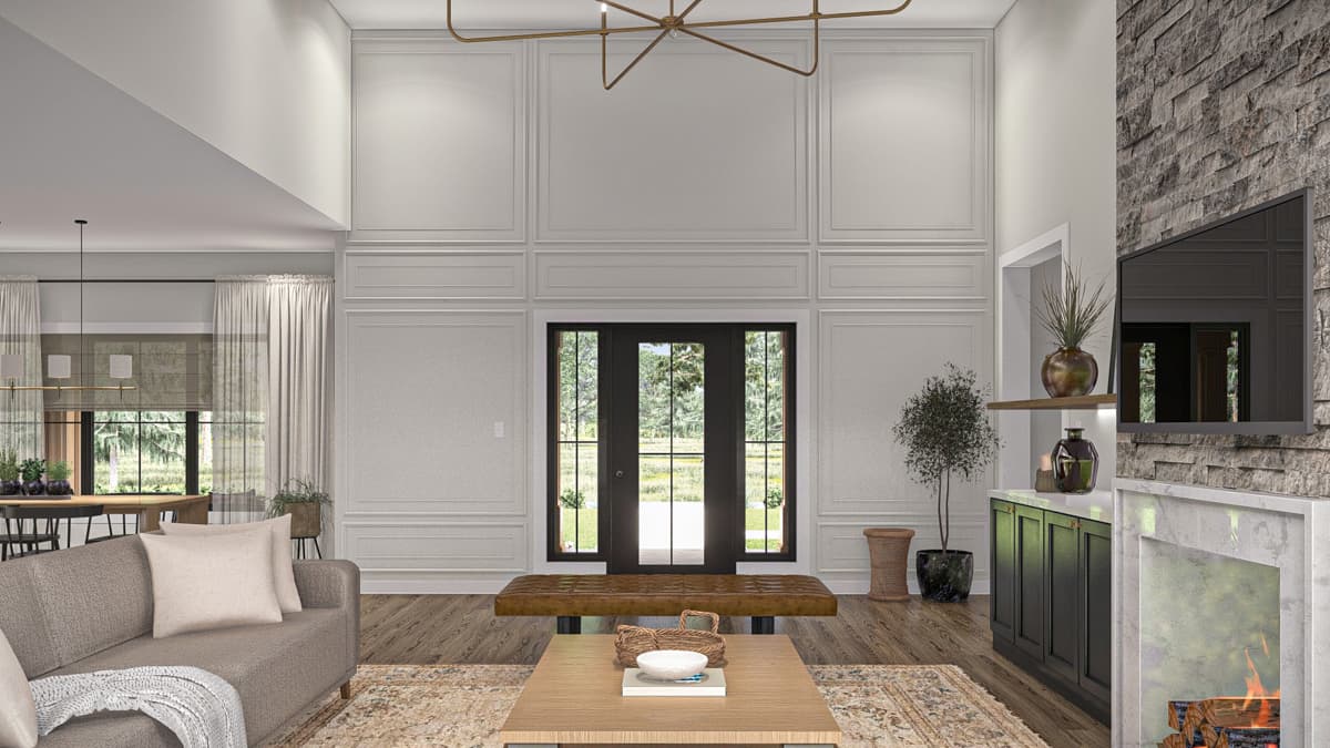 Living room rendering with double doors, vaulted ceiling, stone fireplace, and adjacent dining area.