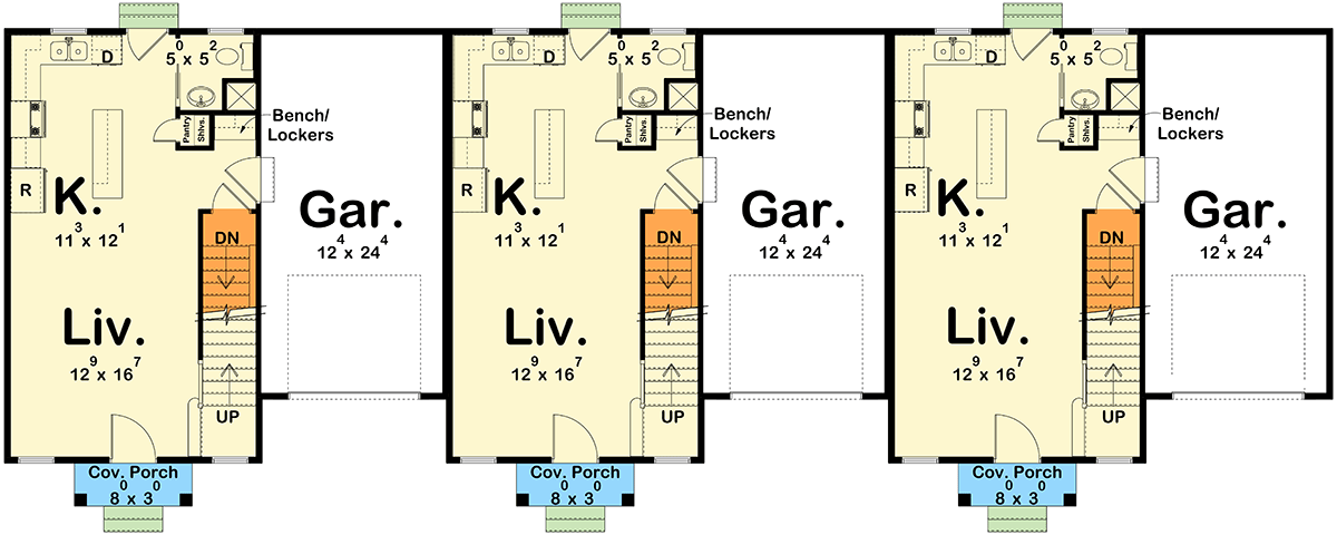 Plan 623394DJ: Triplex House Plan with Side-By-Side 3-Bedroom Units - 1277 Sq Ft Each - Floor Plan - Main Level - Modern Farmhouse, New American, Traditional