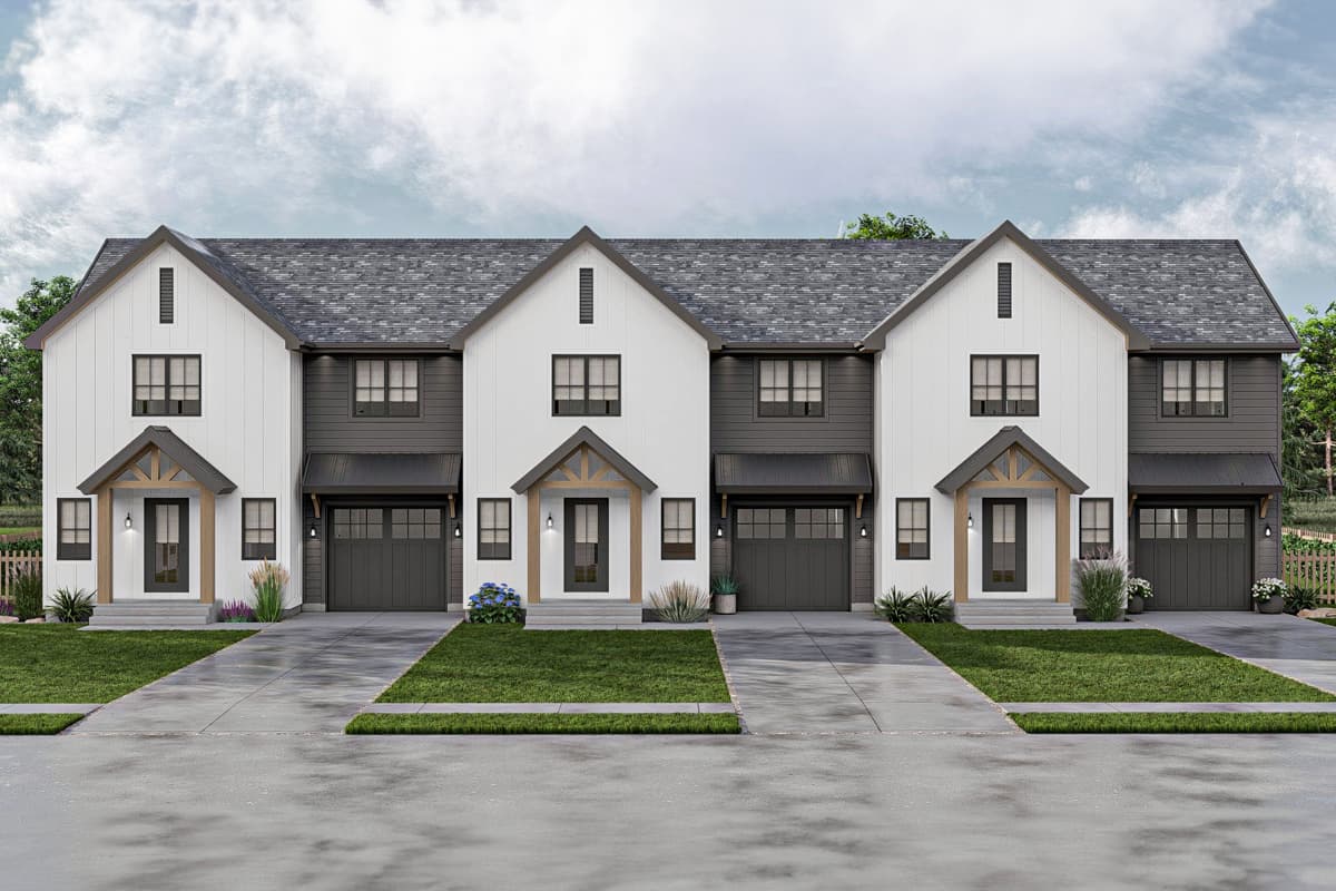 House plan exterior. Modern Farmhouse style townhomes. Features include gabled rooflines, covered entry porches, and two-car garages.