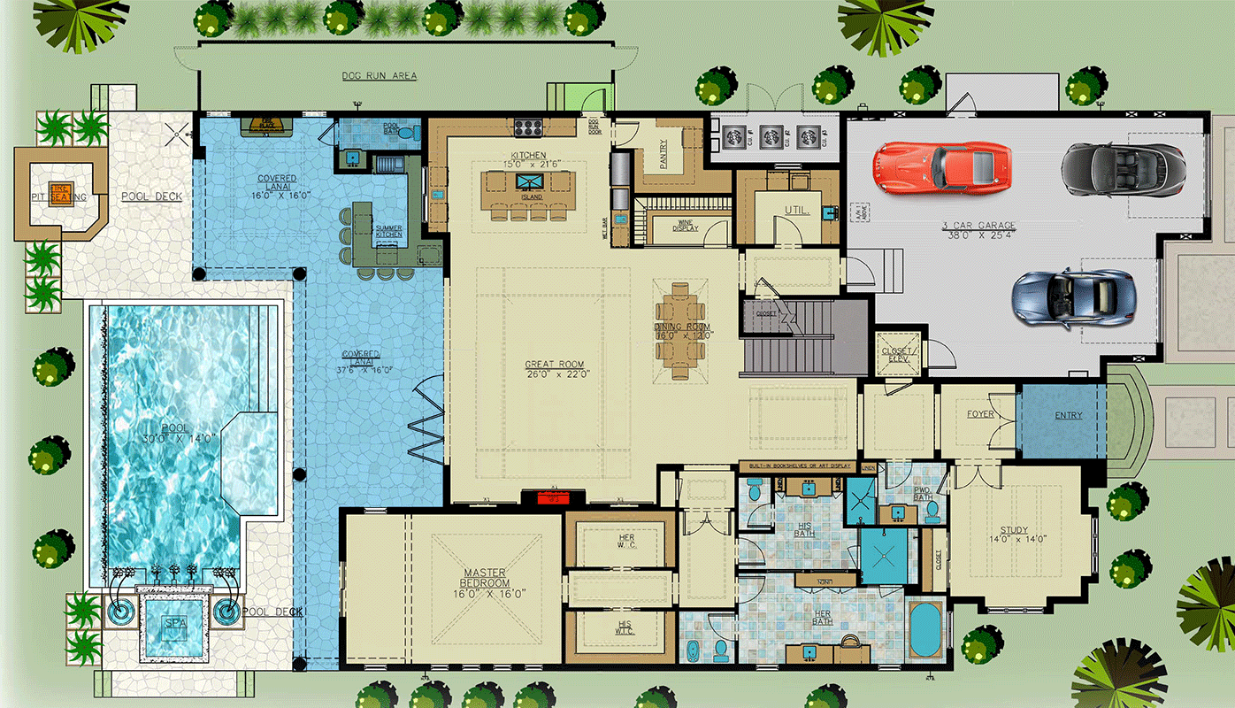 Plan 31859DN: 4-Bed Contemporary Coastal House Plan with Dual Master Baths - 4870 Sq Ft - Floor Plan - Main Level - Beach, Coastal, Coastal Contemporary, Florida-Style