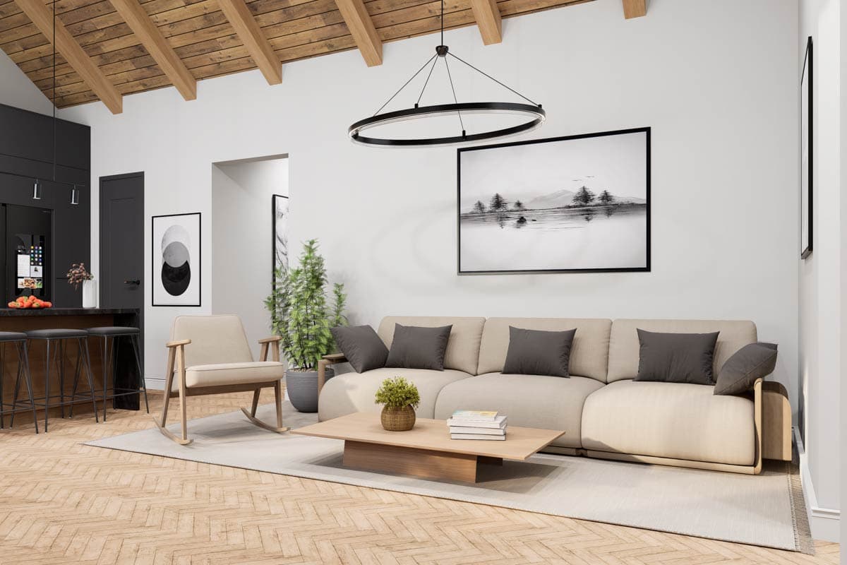 Living room rendering with exposed wood beams, sectional sofa, rocking chair, island with bar stools, and artwork.