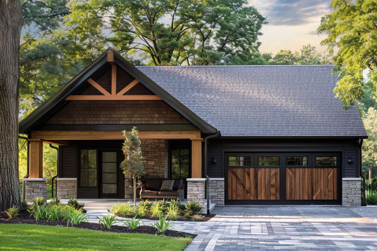 House plan exterior. Craftsman style with a single story, front porch with exposed rafters, gabled roof, and wood garage door.