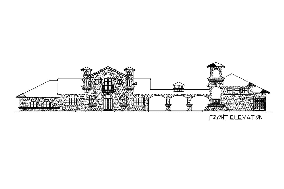 Front elevation drawing of a large house with a tower, arched colonnade, and multiple gables.
