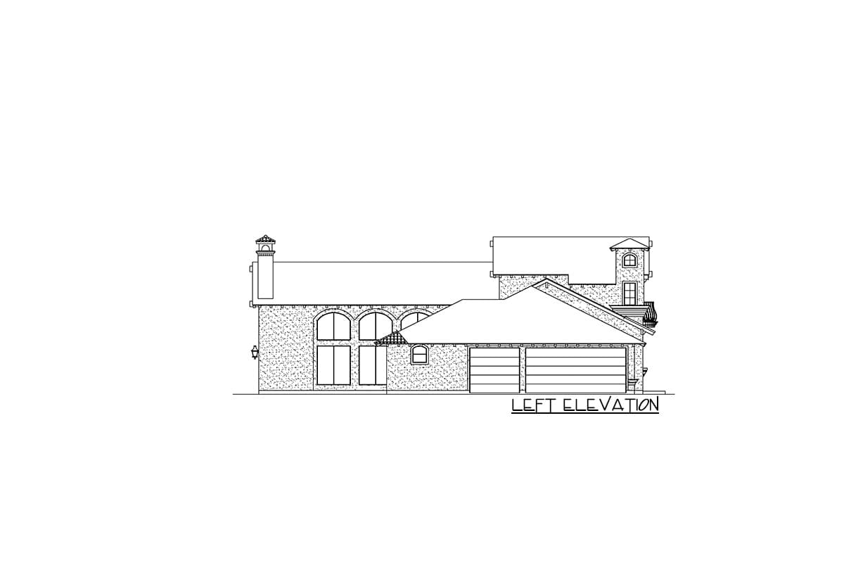 Left elevation of a house plan featuring arched windows, a prominent roofline, and a three-car garage.