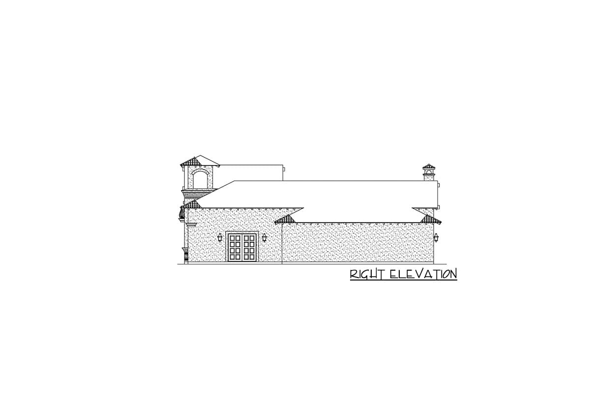 Right elevation house plan. Features a Mediterranean style with a tile roof, arched tower, and double doors.