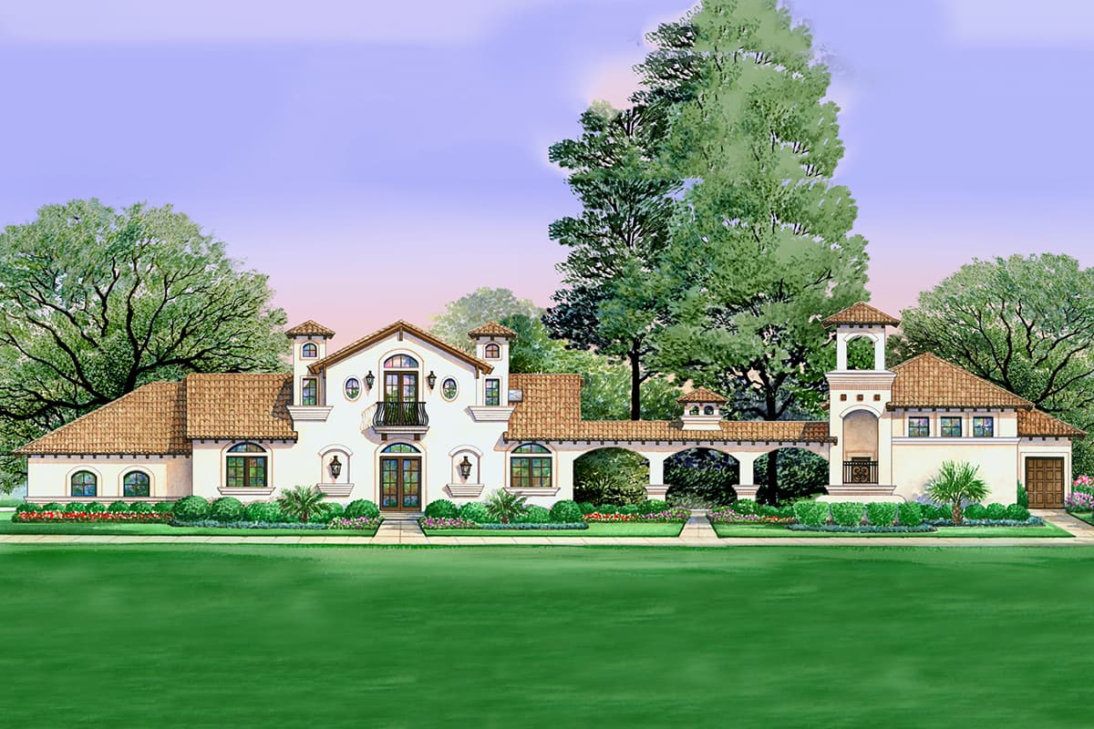 House plan exterior: Mediterranean style with stucco walls, clay tile roof, arched windows, porte-cochere, and tower.