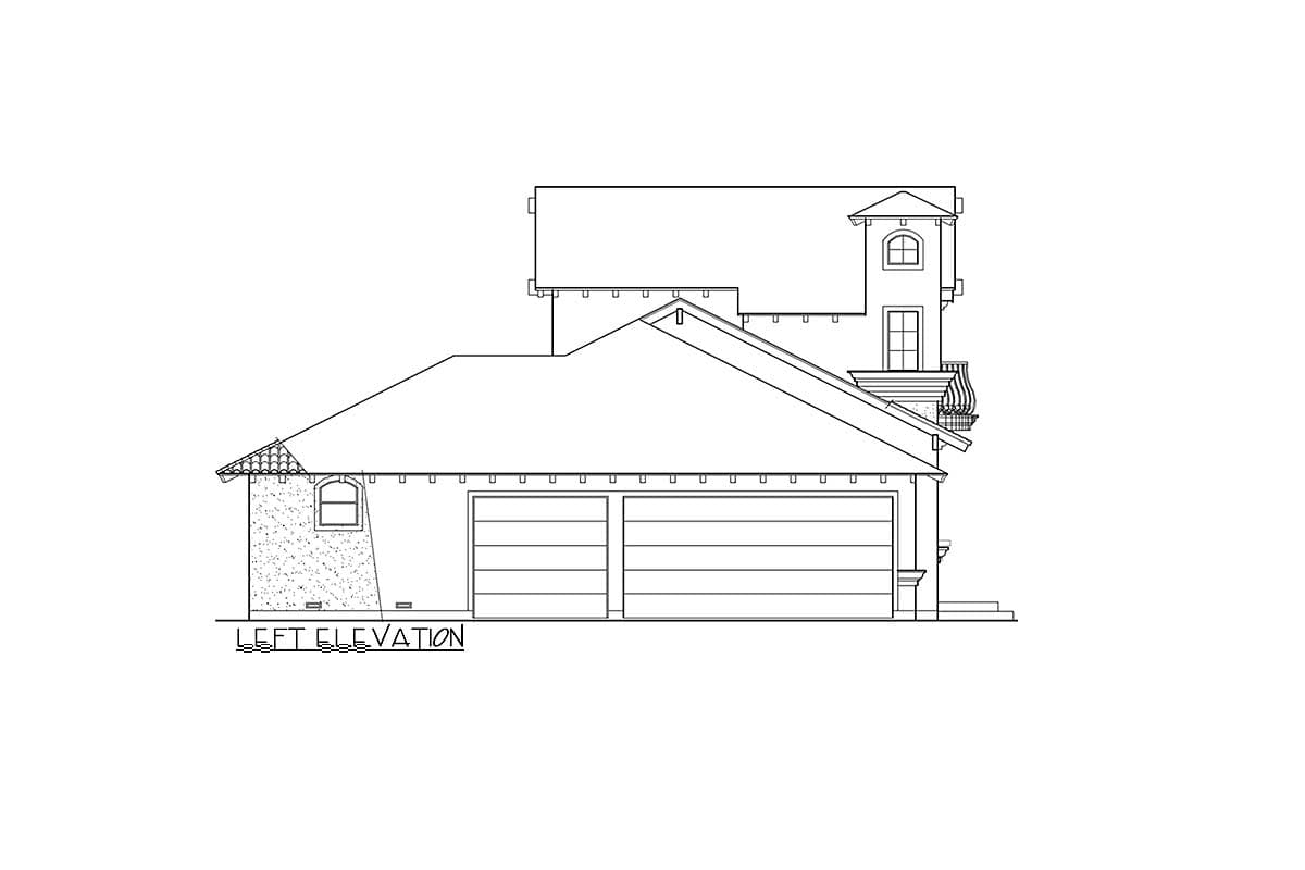 Left elevation floor plan showing a two-car garage, pitched roof, stucco detail, and upper-level balcony.