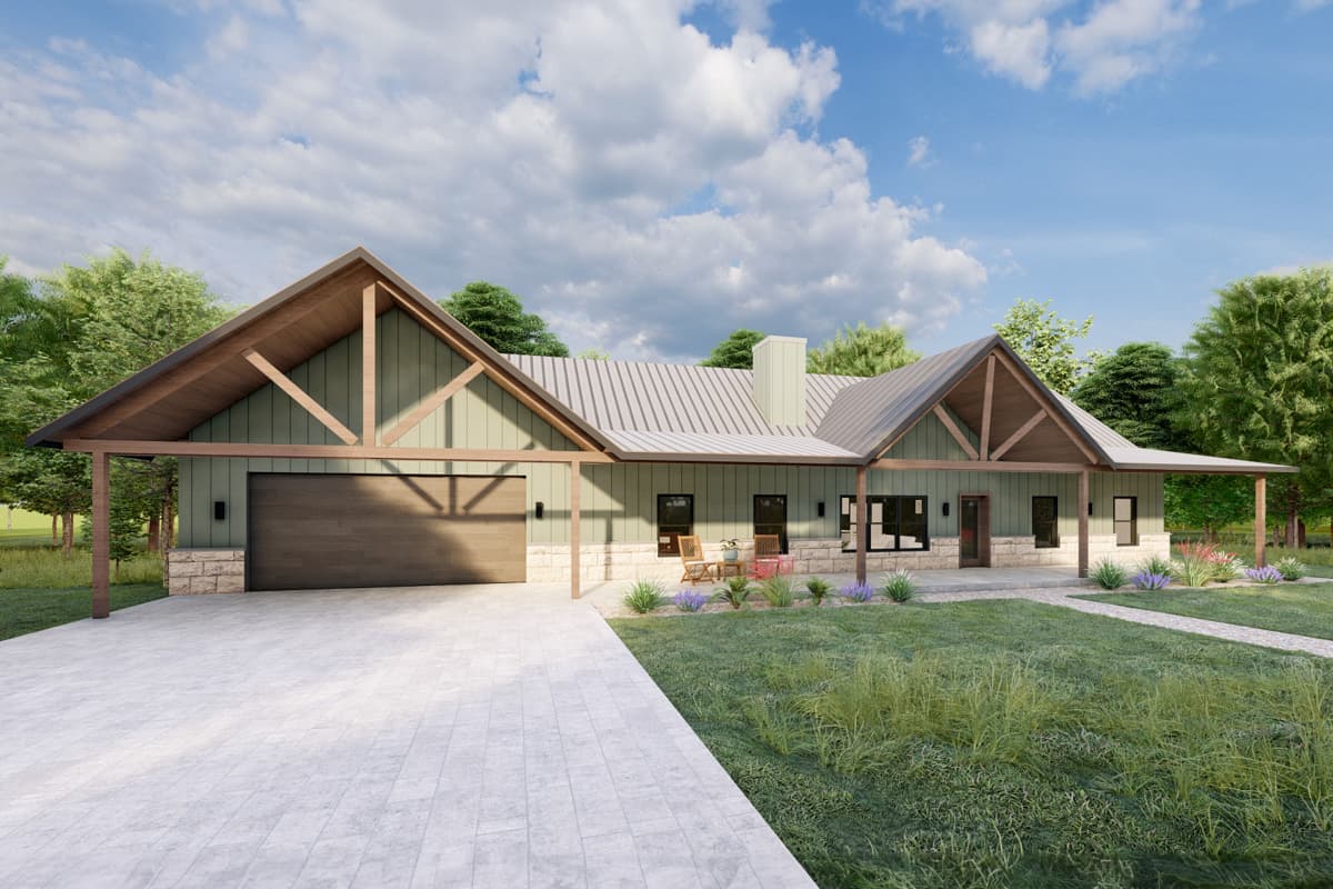 Modern Farmhouse house plan exterior with metal roof, exposed beams, attached garage, and covered porch.