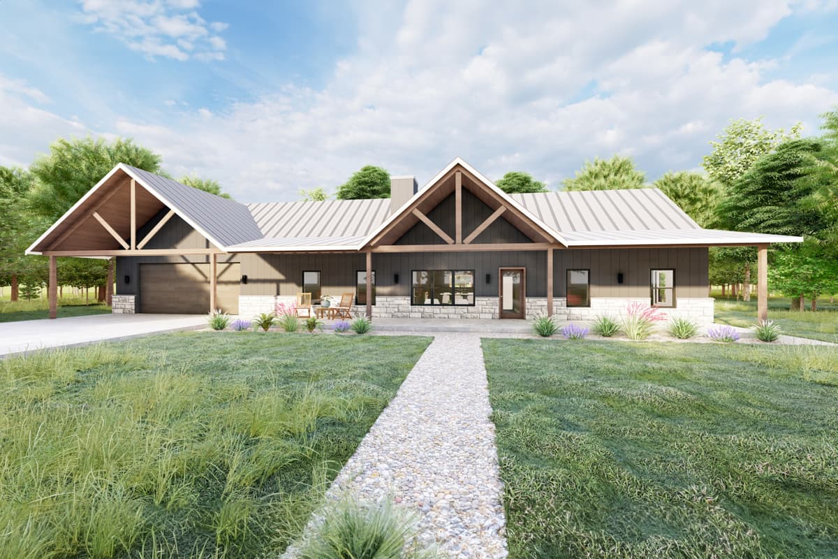 House plan exterior with modern farmhouse style. Features include gabled roof, exposed rafter tails, and a covered porch. Single-story with garage.