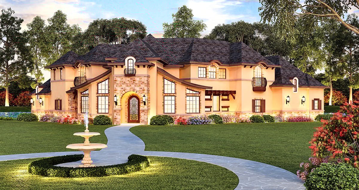 House plan exterior featuring a two-story structure with stone accents, multiple gables, arched entry, and Juliet balconies.