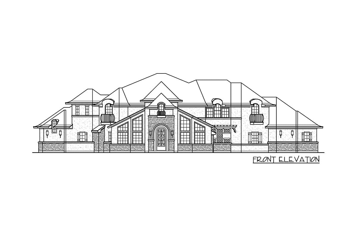 Front elevation drawing of a multi-story house with a grand arched entryway, multiple gables, dormers, and varied window styles.