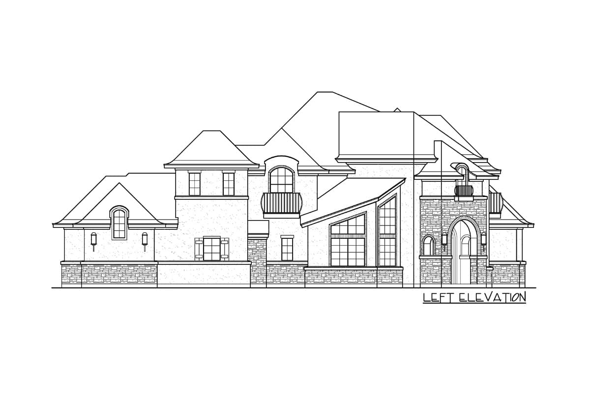 Left elevation house plan drawing with multiple rooflines, dormers, arched entryway, and varied window styles.