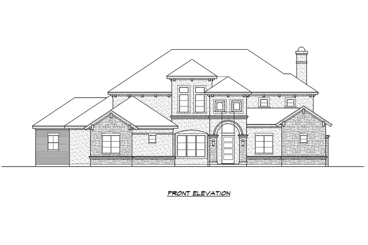 Front elevation drawing of a two-story house with a stone facade, arched entryway, multiple gables, and a prominent chimney.