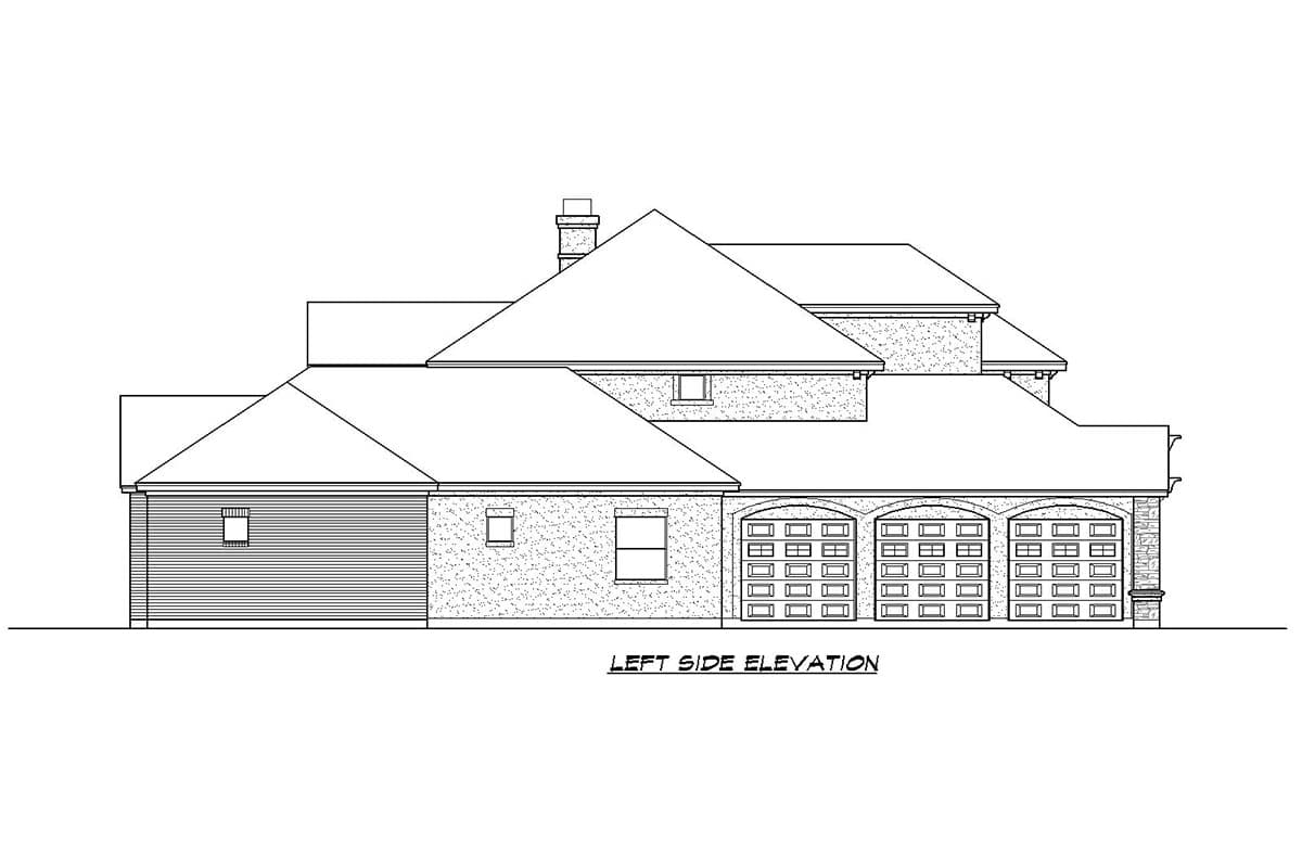 Left side elevation house plan showing a roofline with multiple gables, a brick chimney, and a three-car garage with arched doors.