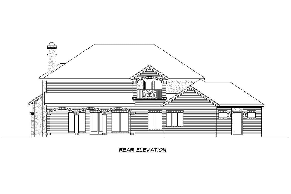 Rear elevation drawing of a two-story house plan with a covered arched porch, Juliet balcony, and attached garage.
