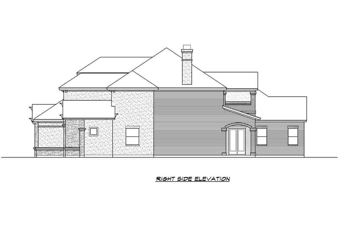 Right side elevation of house plan showing varied rooflines, stone and siding exterior, a chimney, and double doors.