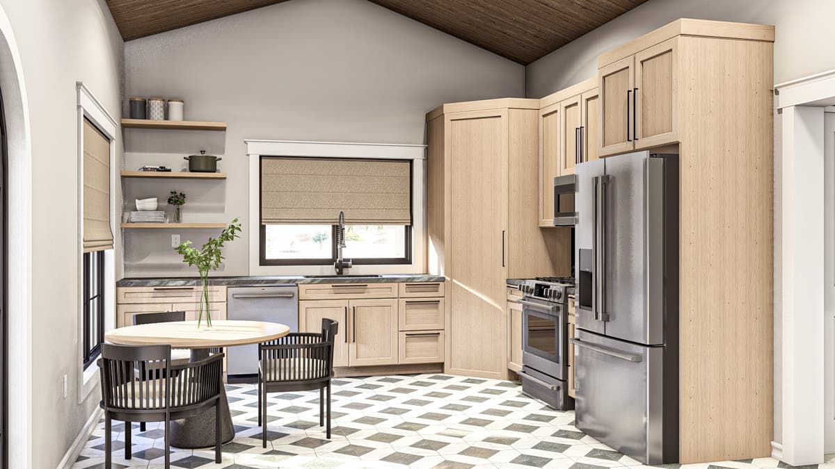 Kitchen with light wood cabinetry, stainless steel appliances, dining nook, and vaulted wood ceiling.
