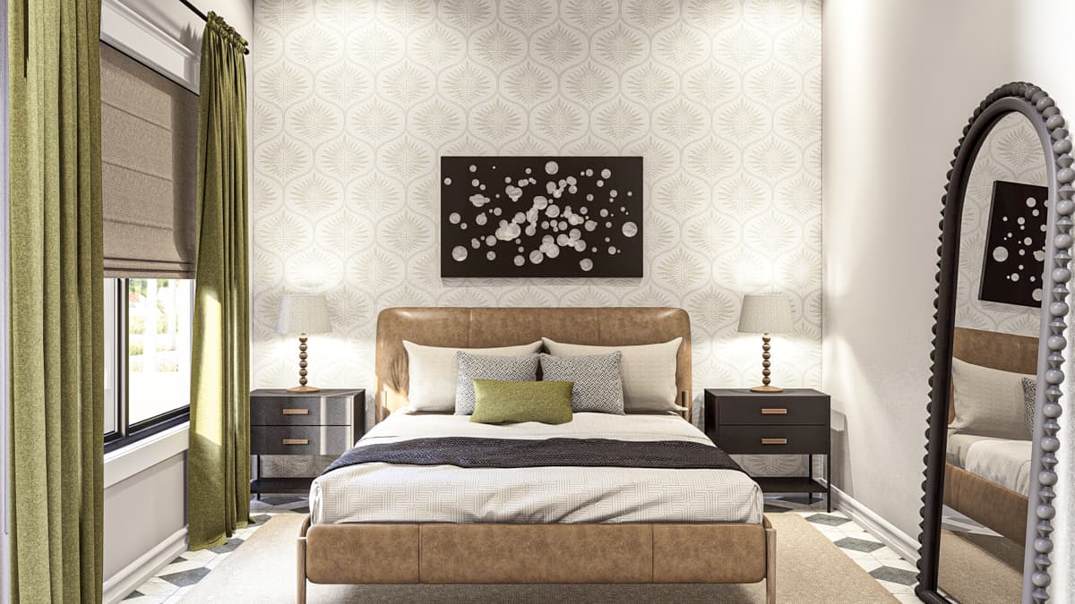 Bedroom rendering featuring a brown leather bed, patterned wallpaper, a large mirror, and bedside tables with lamps.