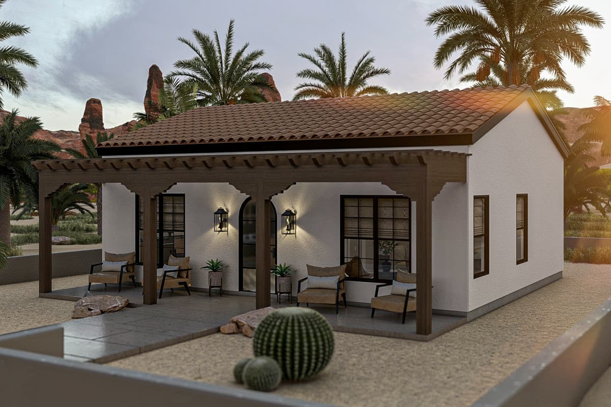 Plan 623395DJ: 1-Bed Adobe ADU House Plan with Pergola - 690 Sq Ft - Image #10 - Adobe , Southwest, Spanish