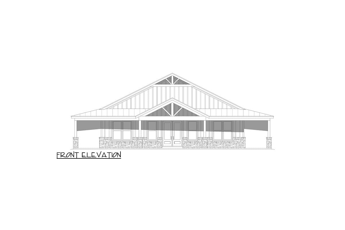 Front elevation drawing of a single-story house with a covered porch, stone accents, and a prominent gable roof with exposed rafters.