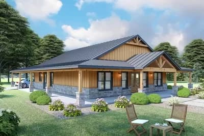 4 Bedroom Barndominium House Plan with Wraparound Porch and Carport - 2393 Sq Ft