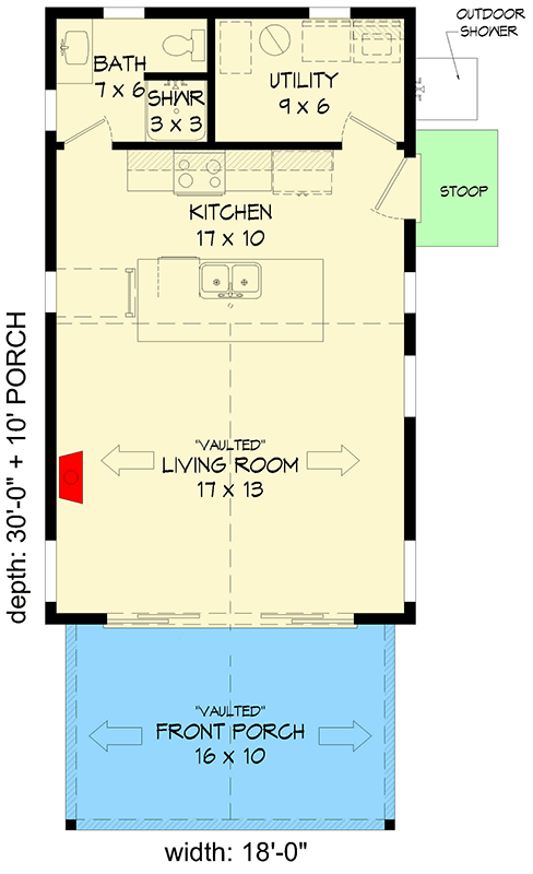Plan 680371VR: Contemporary Country Cottage with Sleeping Loft - 817 Sq Ft - Floor Plan - Main Level - Contemporary, Cottage, Country, New American