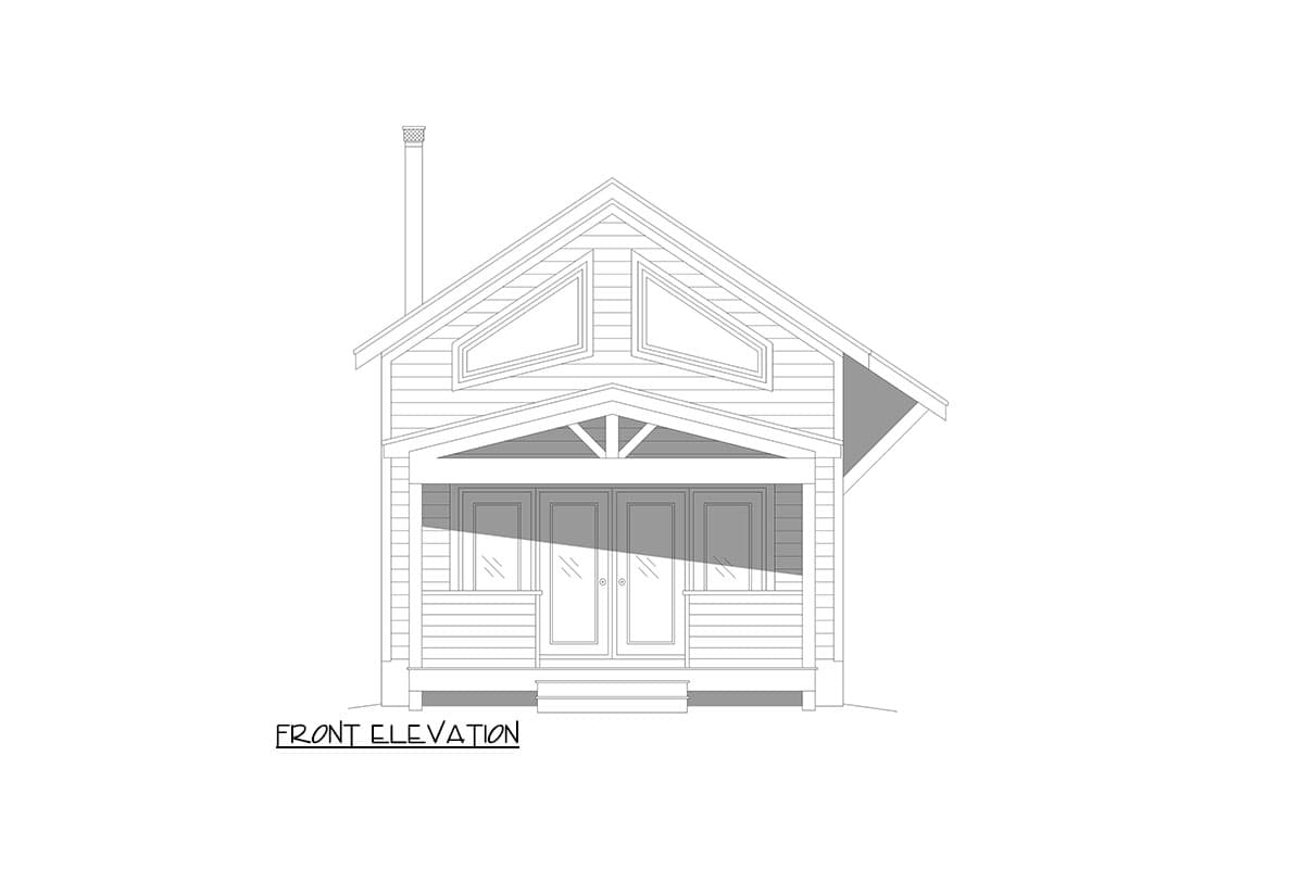 Front elevation drawing of a house with a covered porch, gabled roof, and two triangular dormer windows.