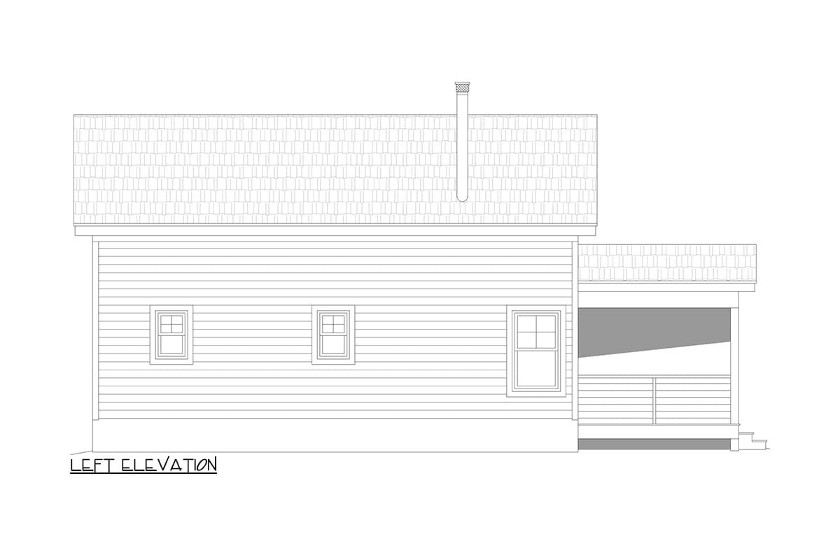 Left elevation house plan drawing showing clapboard siding, three windows, a chimney, and a covered porch with railings.
