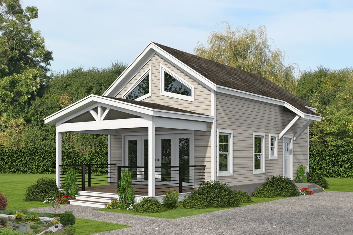 House plan exterior with two stories, a front porch, gable roof, and triangular upper-level windows. Features horizontal siding and a dark roof.