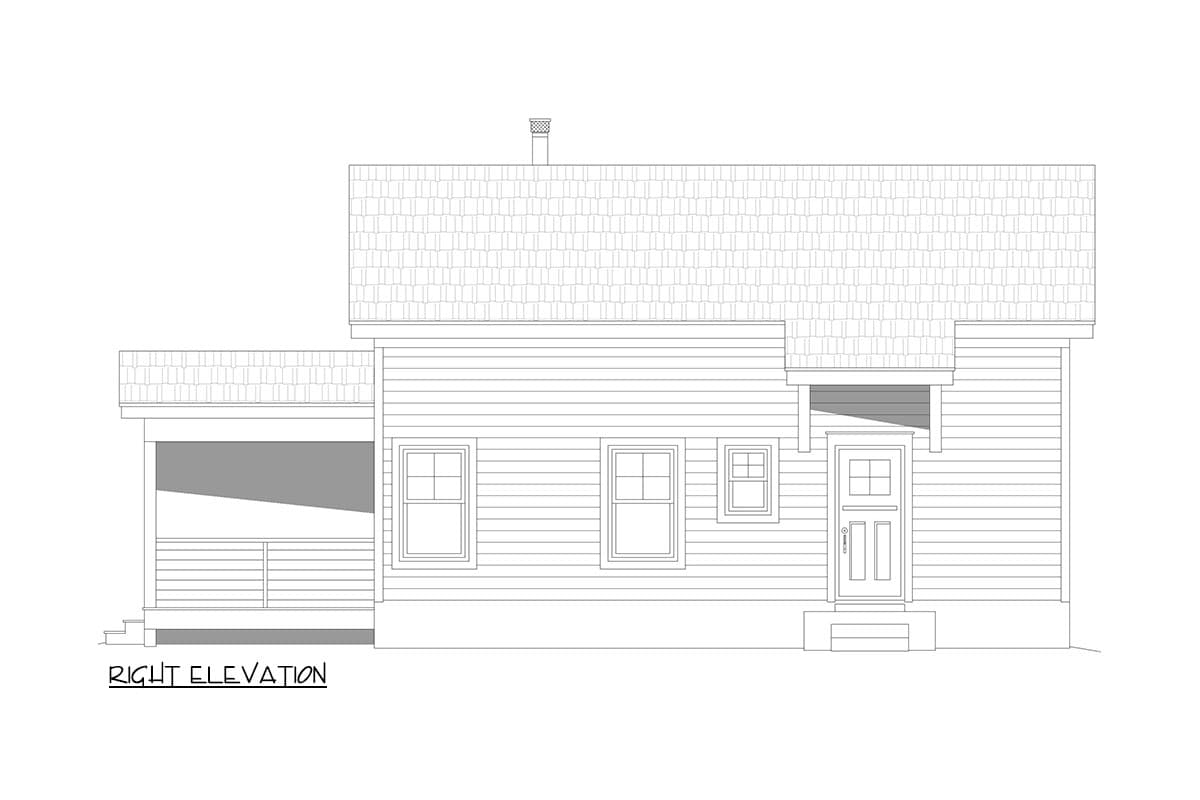 Right elevation house plan with horizontal siding, pitched roof, porch, and three windows.