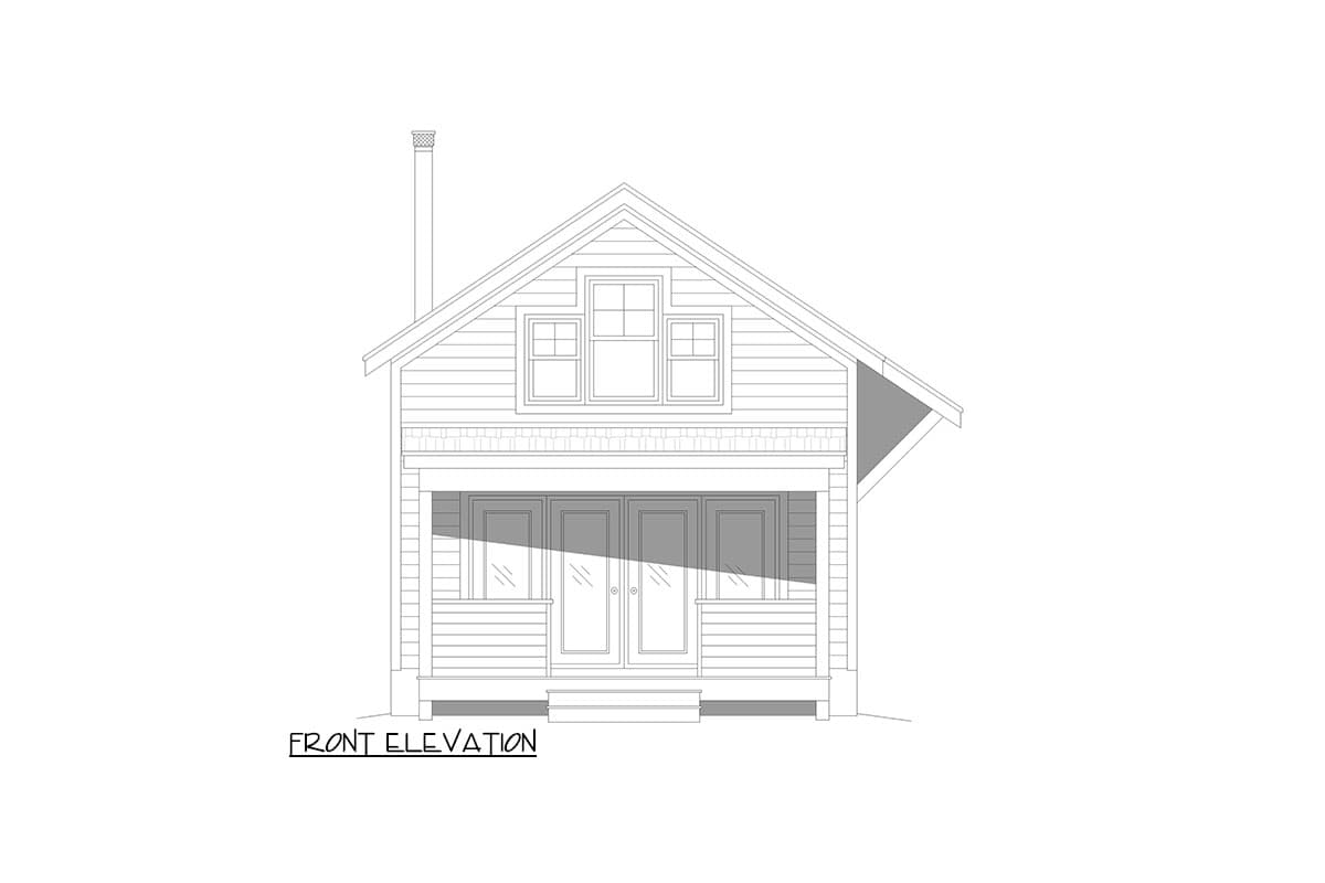 Front elevation drawing of a house with a covered porch, double doors, and a prominent gable.