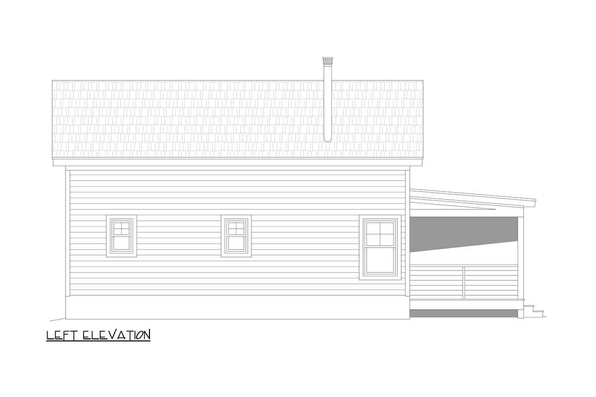 Left elevation of house plan showing clapboard siding, pitched roof, chimney, three windows, and covered porch.