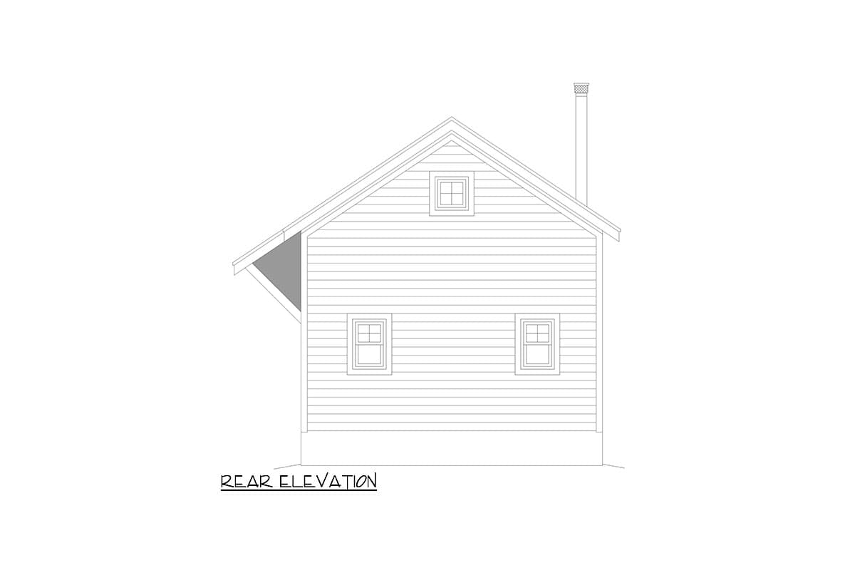 Rear elevation drawing of a house plan showing siding, a gabled roof, a dormer window, two lower windows, and a chimney.