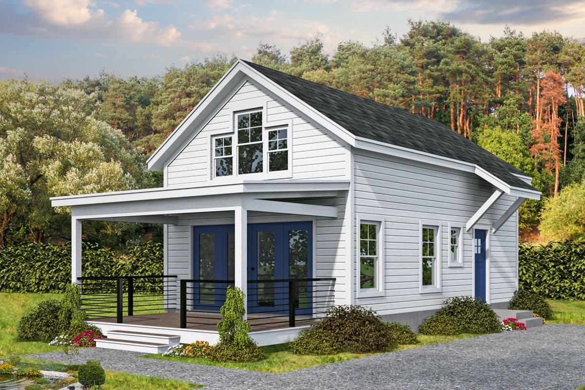 House plan exterior featuring a two-story design with a gable roof, covered porch, and multi-pane windows.