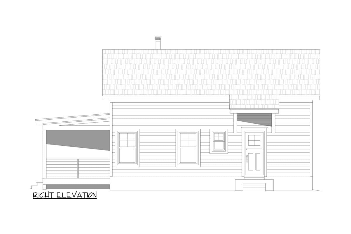 Right elevation floor plan showing a covered porch with railing, multiple windows, and a front door.
