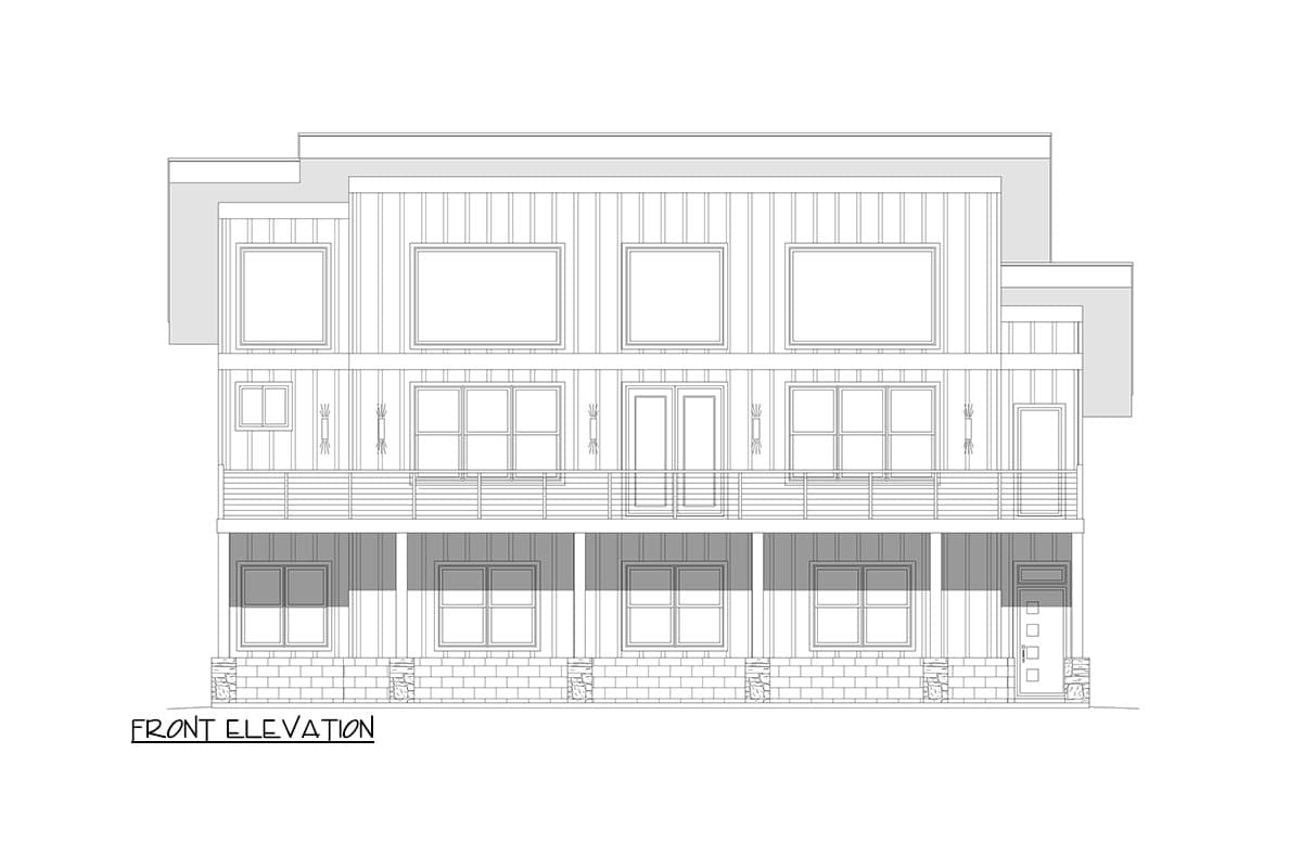 Front elevation house plan with stacked windows, two balconies, and a covered lower porch with stone accents.