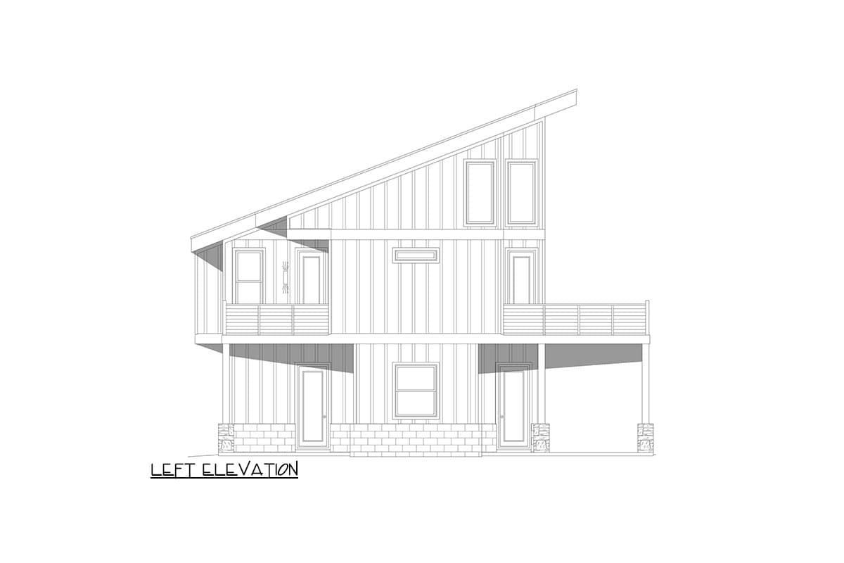 Left elevation house plan shows a two-story modern design with a sloped roof, balconies, and stone accents.