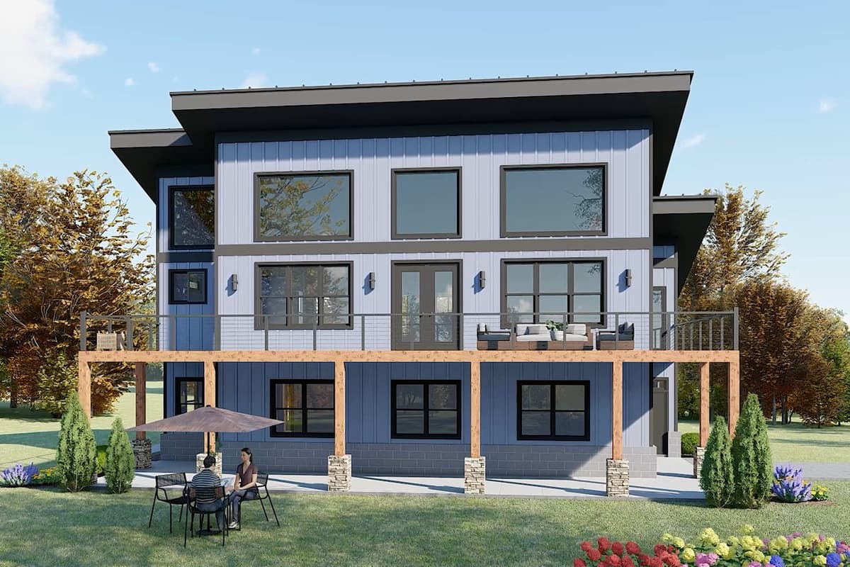 Modern house plan exterior, two stories, with cantilevered upper level, balcony, large windows, and covered ground-level patio.