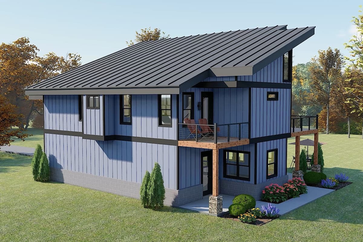 Modern house plan exterior with blue siding, asymmetrical roofline, two stories, and second-level balcony.