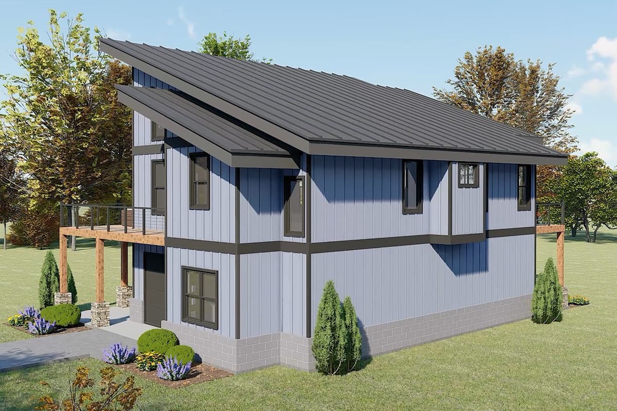 Modern house plan exterior with a prominent asymmetrical metal roof, balcony, and board-and-batten siding.