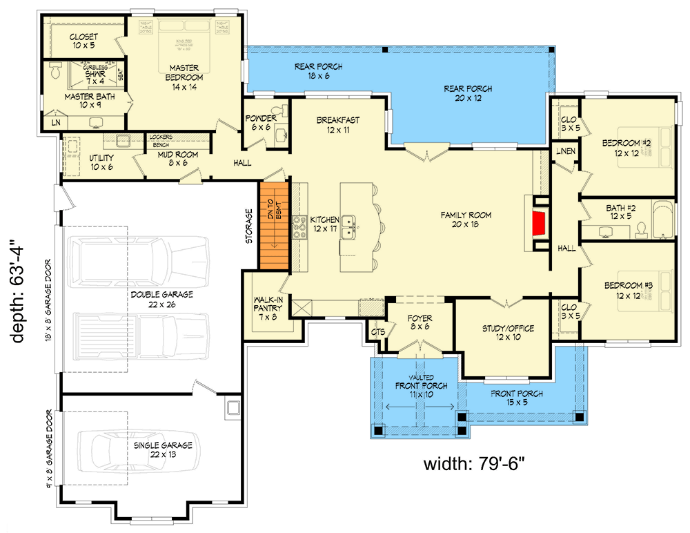 Plan 680374VR: 2000 Square Foot House Plan with Split Bedroom Layout and 3-Car Garage - Floor Plan - Main Level - Ranch, Traditional