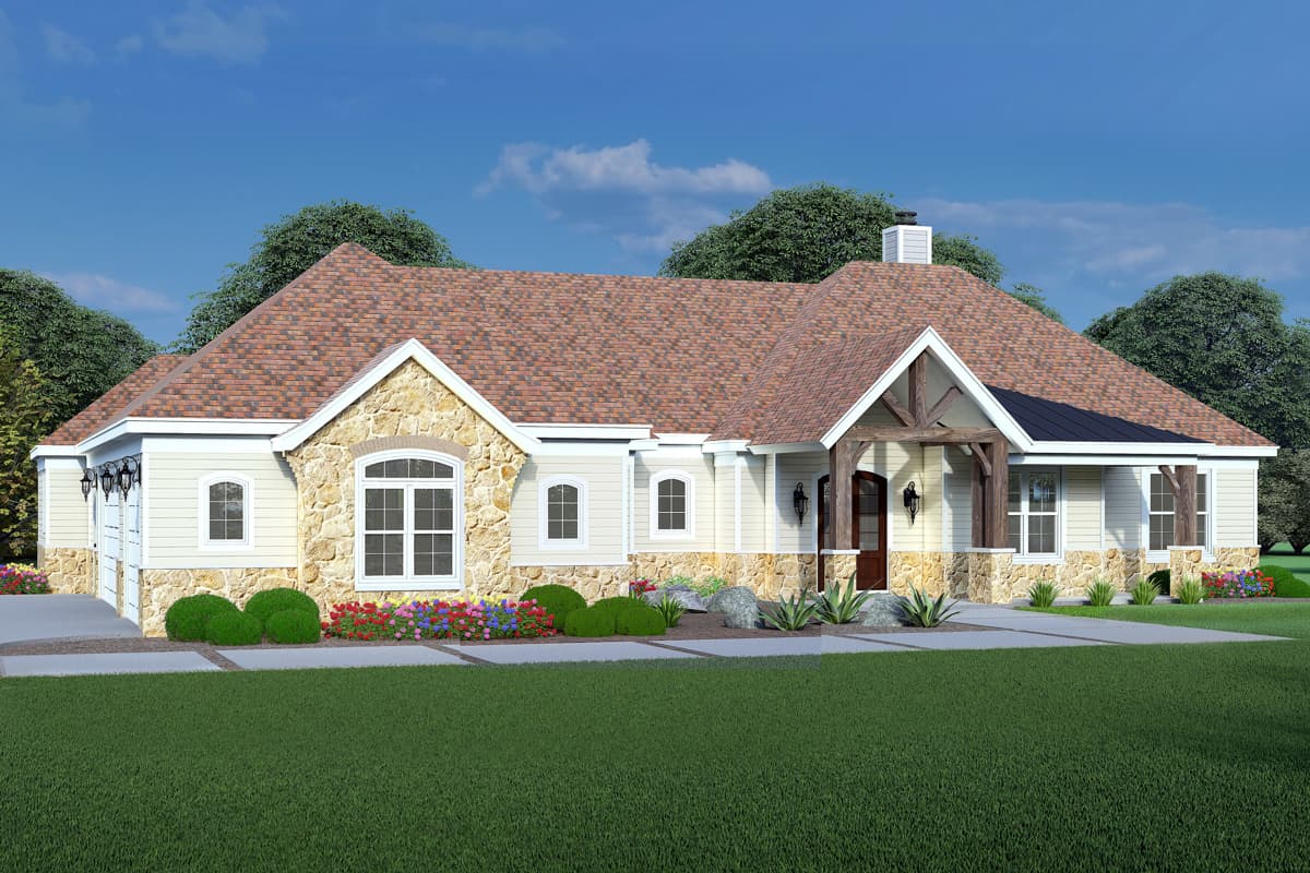 House plan exterior with stone accents, wood porch supports, and a gabled roof. Features include a two-car garage and a front porch.