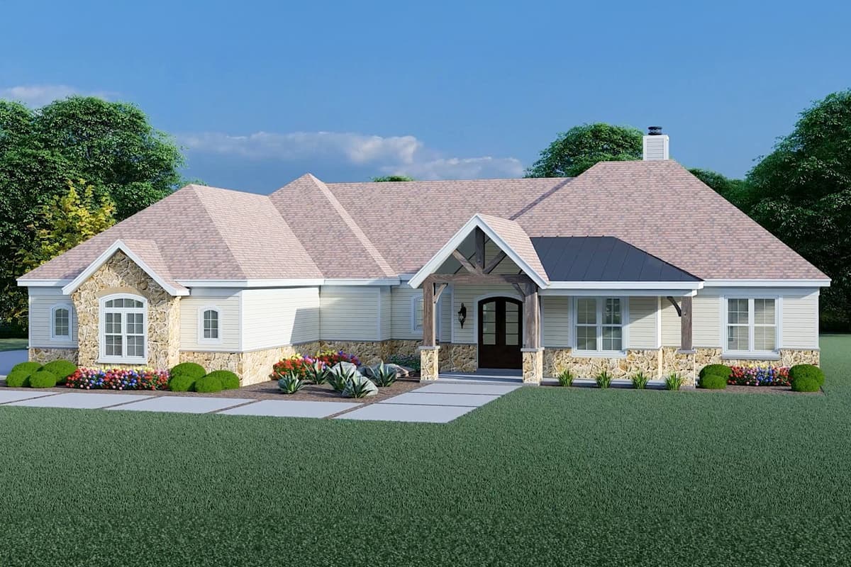 House plan exterior: Ranch style, single-story, stone accents, covered entry with exposed beams, multi-level roofline, chimney.