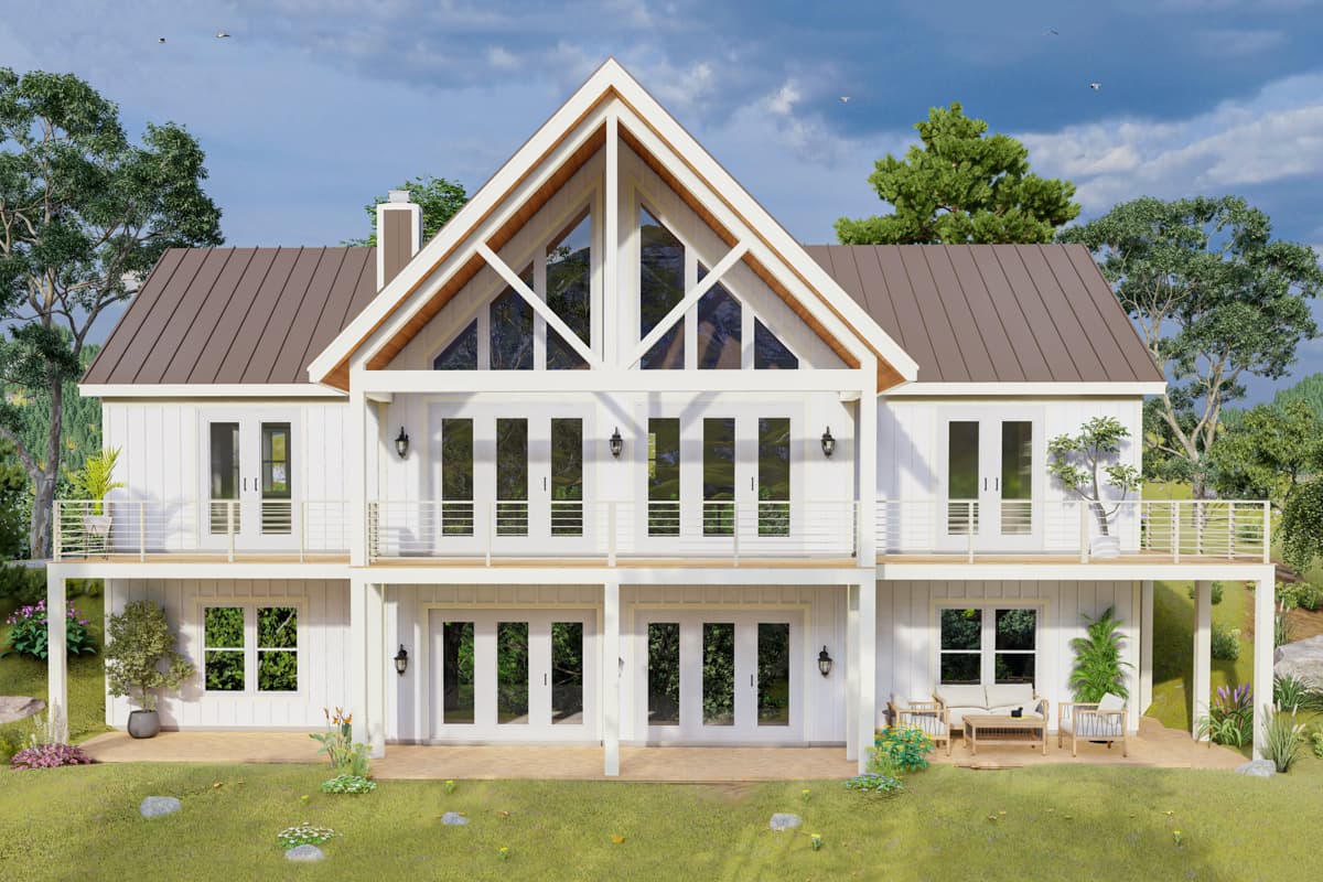 Modern farmhouse house plan exterior, two stories, white siding, metal roof, large gable windows and balconies.