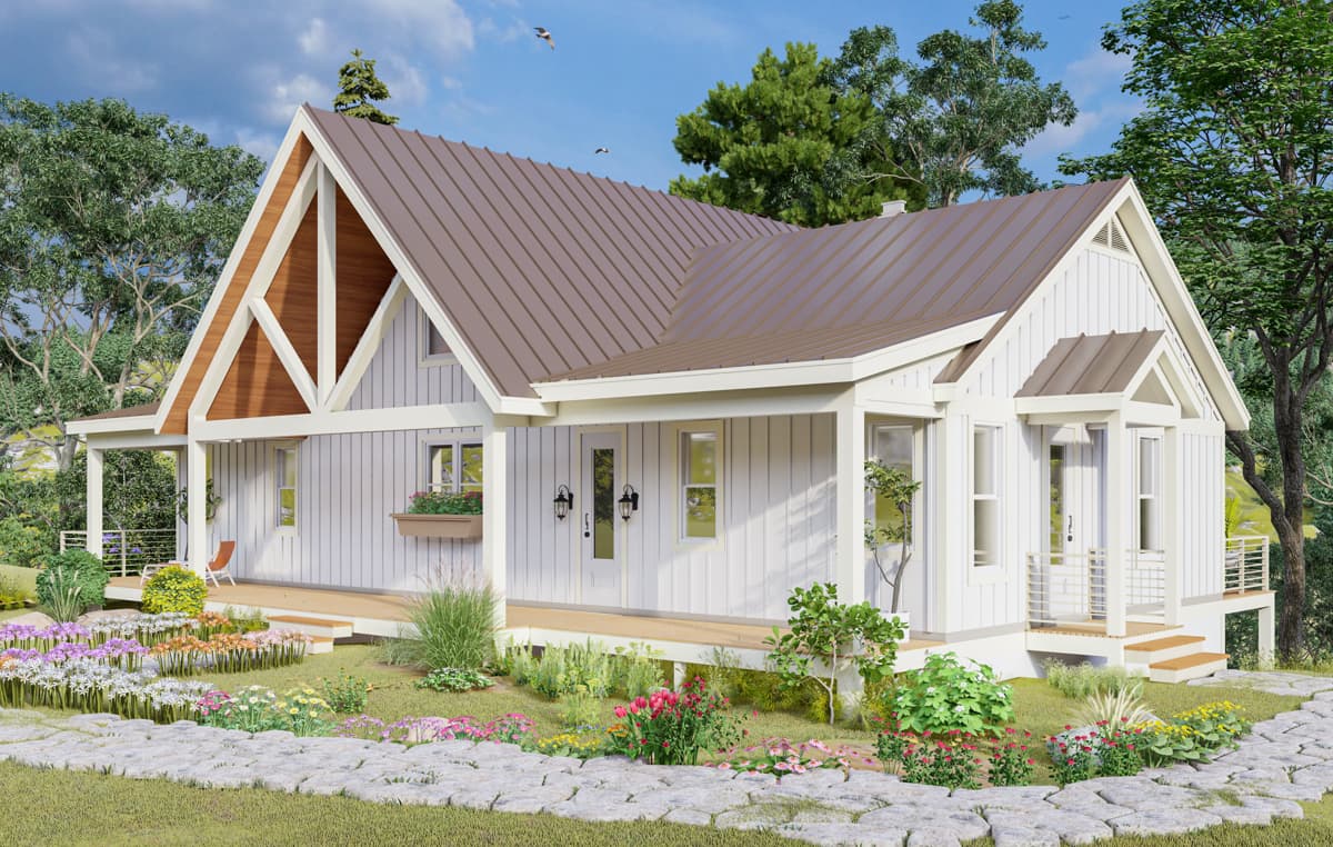 Modern Farmhouse house plan exterior with wrap-around porch, prominent gables, and metal roof.